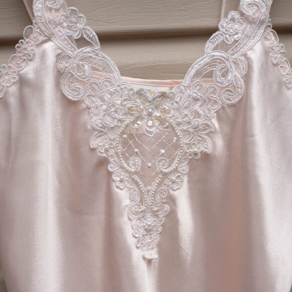 Vtg Dentelle USA Pink Satin Beaded Lace Chemise Slip Dress Nightgown Sz S Y2K - Picture 3 of 11